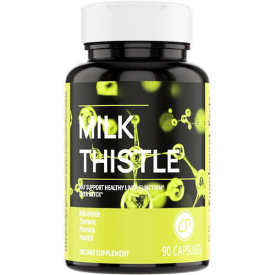 Milk Thistle dietary supplement in 90 capsules for healthy liver function and detox support.