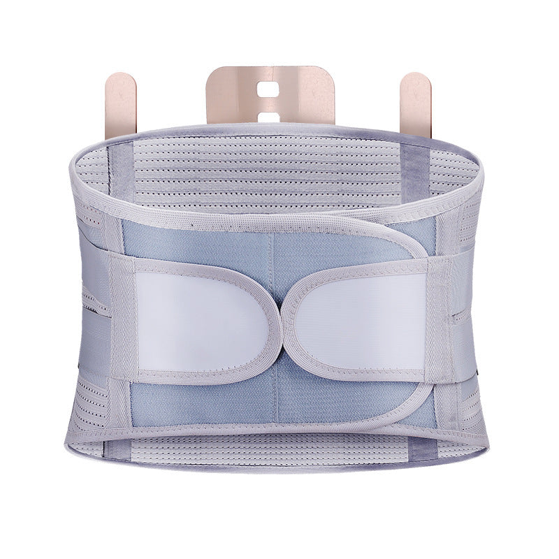 self heating waist support belt in gray color, designed for sports and fitness, made with polyester fiber material.