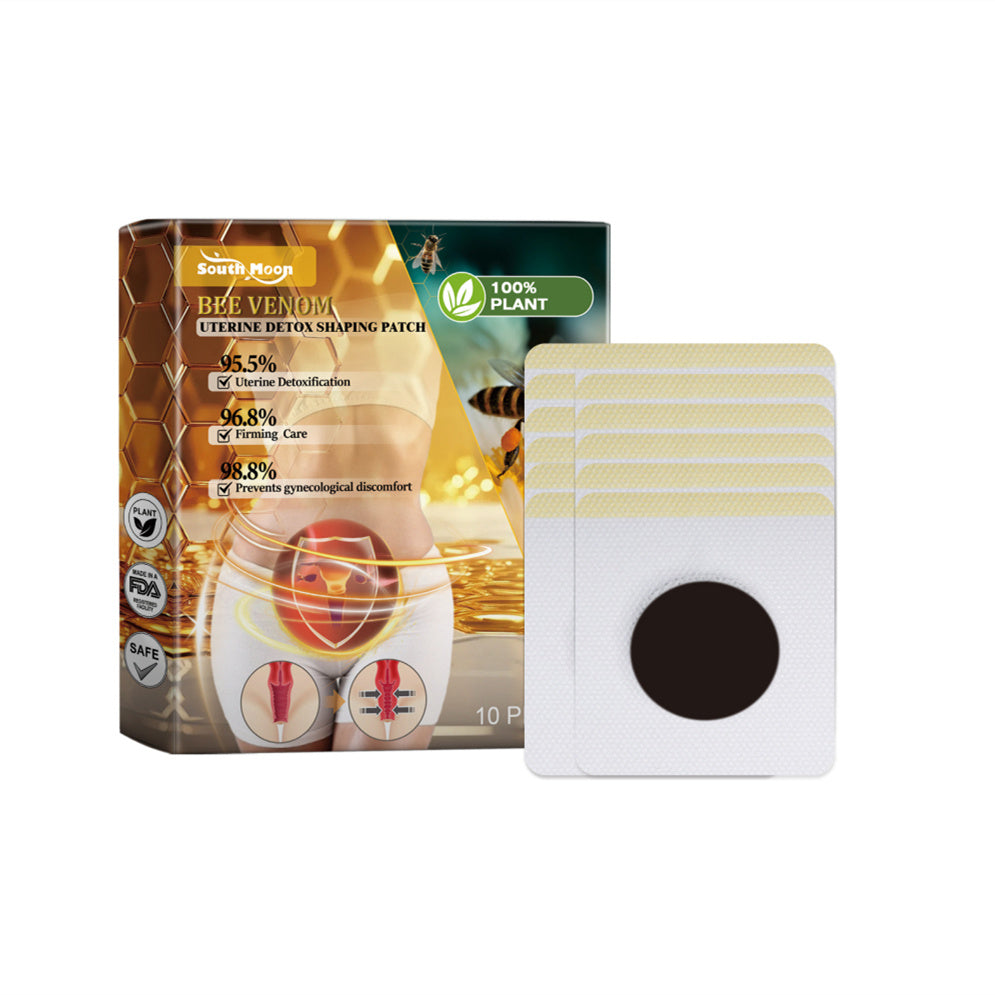 Detox slimming patch packaging with bee venom, promoting digestive health and uterine detoxification, 10 patches in box.