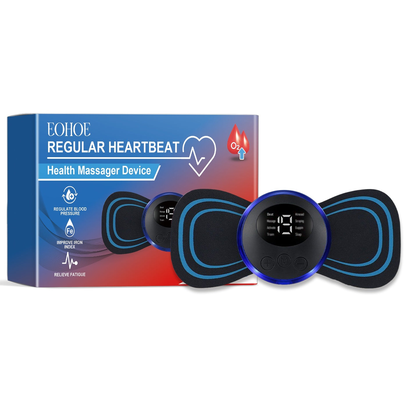 Chest Health Massage Device shown with packaging, highlighting features like regulating blood flow and relieving fatigue.